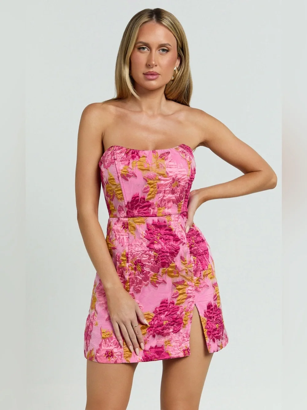 brailey strapless mini dress in orange jacquard Brailey Mini Dress One Shoulder Wrap Front in Purple Jacquard